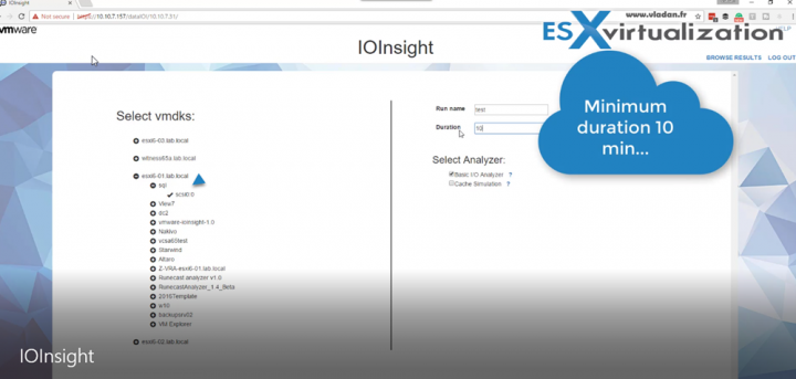 VMware IOInsight Selection of VM and Disk